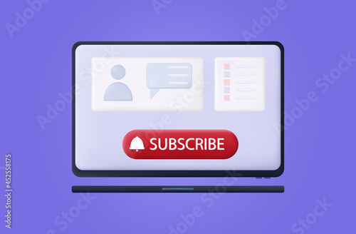 Subscribe online 3d. Registration or connection by electronic button on a laptop. Join a chat or view a blog. Subscription with advertisements and comments. Click, like or tap on the bell. Vector 