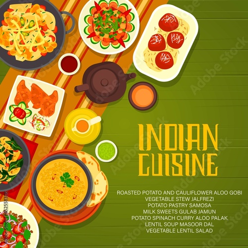 Indian restaurant menu cover with vector spice food of vegetables and lentil, milk dessert and masala tea. Potato spinach curry, samosa pastry and veggie stew, legume salad and soup with chutney sauce