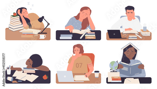 Bored students study vector illustration set isolated. Cartoon young exhausted woman man student characters sitting on desk with books while studying boring doing homework, frustrated people working