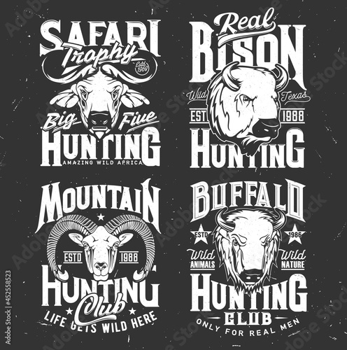 Tshirt print with mountain goat, buffalo and bison heads. Vector wild animals mascots for hunting and safari hunter club, black and white labels for apparel design, isolated emblems for hunt society