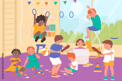 Kids play with toys in kindergarten playroom vector illustration. Cartoon happy little boy girl child characters playing games indoor, preschool kids have fun together in nursery interior background