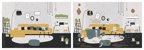 Clean and dirty stained home living room, mess vector illustration. Cartoon messy apartment needs cleaning, dirt on sofa couch, broken table and water stains on carpet, floor and wall background