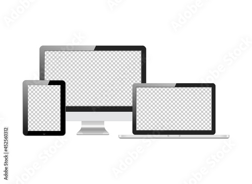 Set of realistic screen transparent computer monitors, laptops, tablets. Electronic gadgets isolated on white background