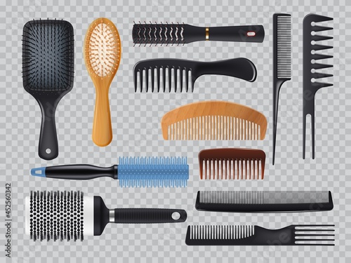 Hairbrush and combs realistic vector fashion equipment for hair care set isolated on transparent background. Different types of 3d combs, professional hairdresser accessories for beauty and styling