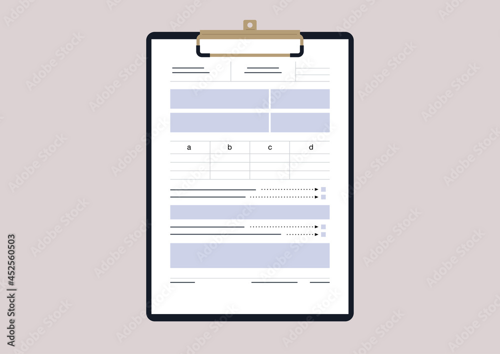 An isolated image of a clipboard with a tax form, a document template An isolated image of a clipboard with a tax form, a document template