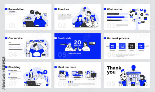 Presentation and slide design template with business people in flat line design style. Can be used for business annual report, flyer, marketing, leaflet, advertising, brochure, modern style. Vector il