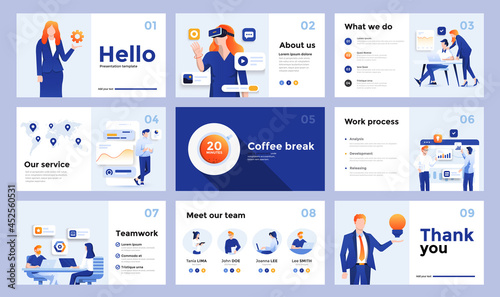 Presentation and slide design template with business people. Can be used for business annual report, flyer, marketing, leaflet, advertising, brochure, modern style. Vector illustration