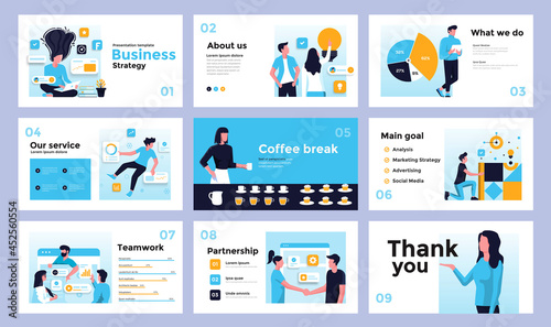 Presentation and slide design template with business people. Can be used for business annual report, flyer, marketing, leaflet, advertising, brochure, modern style. Vector illustration