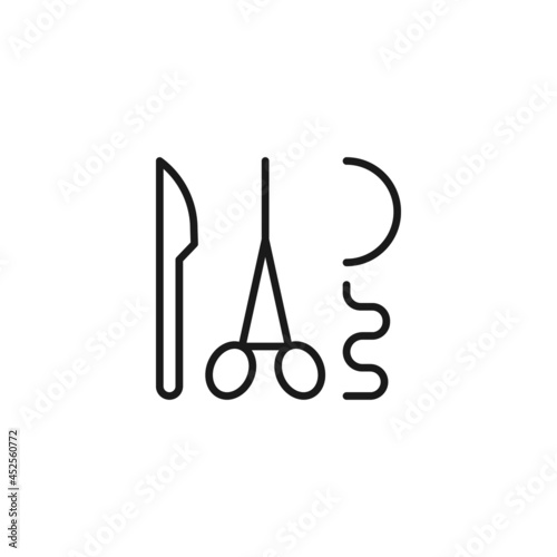 Line icon of  surgical threads with scalpel and surgical scissors