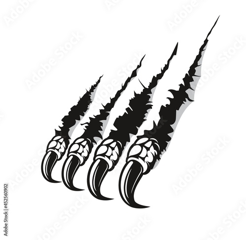 Dragon claw marks scratches, monster fingers with long nails tears through paper or wall surface. Vector monochrome wild animal rips, isolated paw sherds, beast break, four talons attack traces