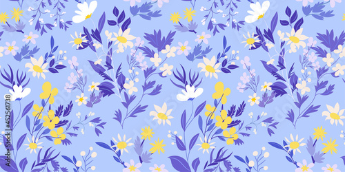 Beautiful floral seamless pattern with lemon yellow flowers, forest grasses, leaves on a light blue-purple background. Wild flowers perfect template for prints, fabrics, wallpapers, covers… Vector