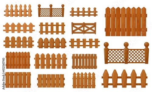 Garden and farm cartoon wooden fence, vector palisade gates, balustrade with pickets. Enclosure railing, banister or fencing sections with decorative pillars. Wood border panels isolated elements set
