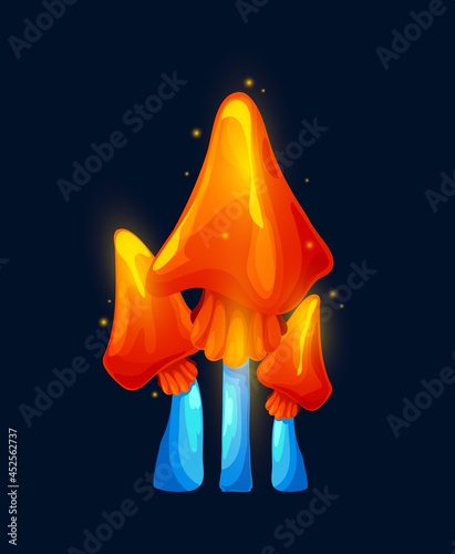 Fantasy magic sparkling red mushrooms, vector alien plant of fairy forest. Fantastic nature fungus with glowing blue stems and shining spores of game user interface, ui or gui design element
