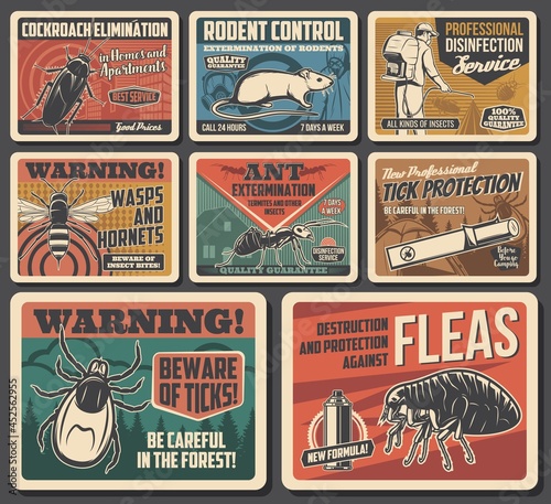 Pest control and home disinfection service, protection from insects parasites posters. Cockroach extermination, wasp, hornet and ticks danger warning, ants and flea, worker spraying pesticides vector