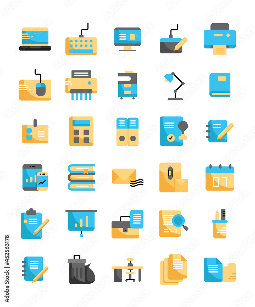 set of office supplies tools working flat icons set of office supplies tools working flat icons