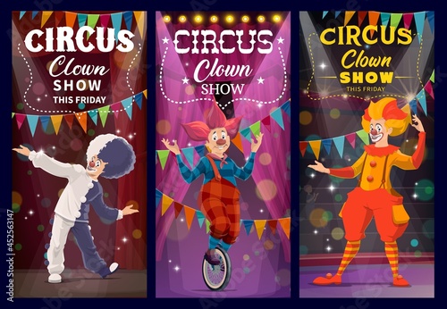 Shapito circus clowns and harlequin characters, funfair carnival performers, vector. Shapito circus or tent funfair carnival show, cartoon clowns and harlequins in wigs on circus stage photo