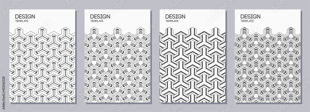 Set of flyers, posters, banners, placards, brochure design templates A6 size with japanese triple ornaments. Graphic design for greeting, invitation cards. Vector gray and white backgrounds. Set of flyers, posters, banners, placards, brochure design templates A6 size with japanese triple ornaments. Graphic design for greeting, invitation cards. Vector gray and white backgrounds.