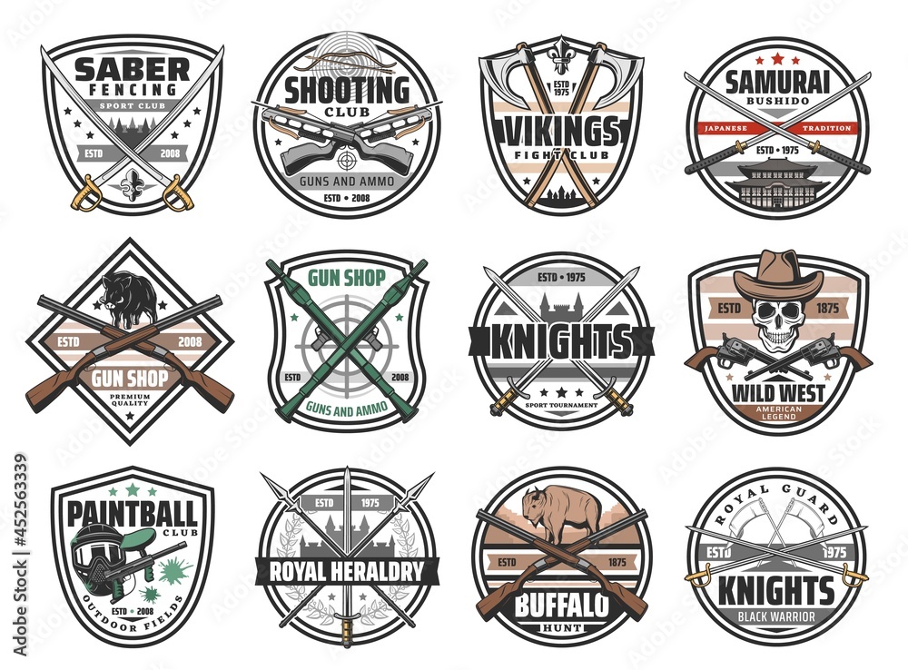 Guns, battle weapon and hunting ammo vector icons. Wild West revolvers ...