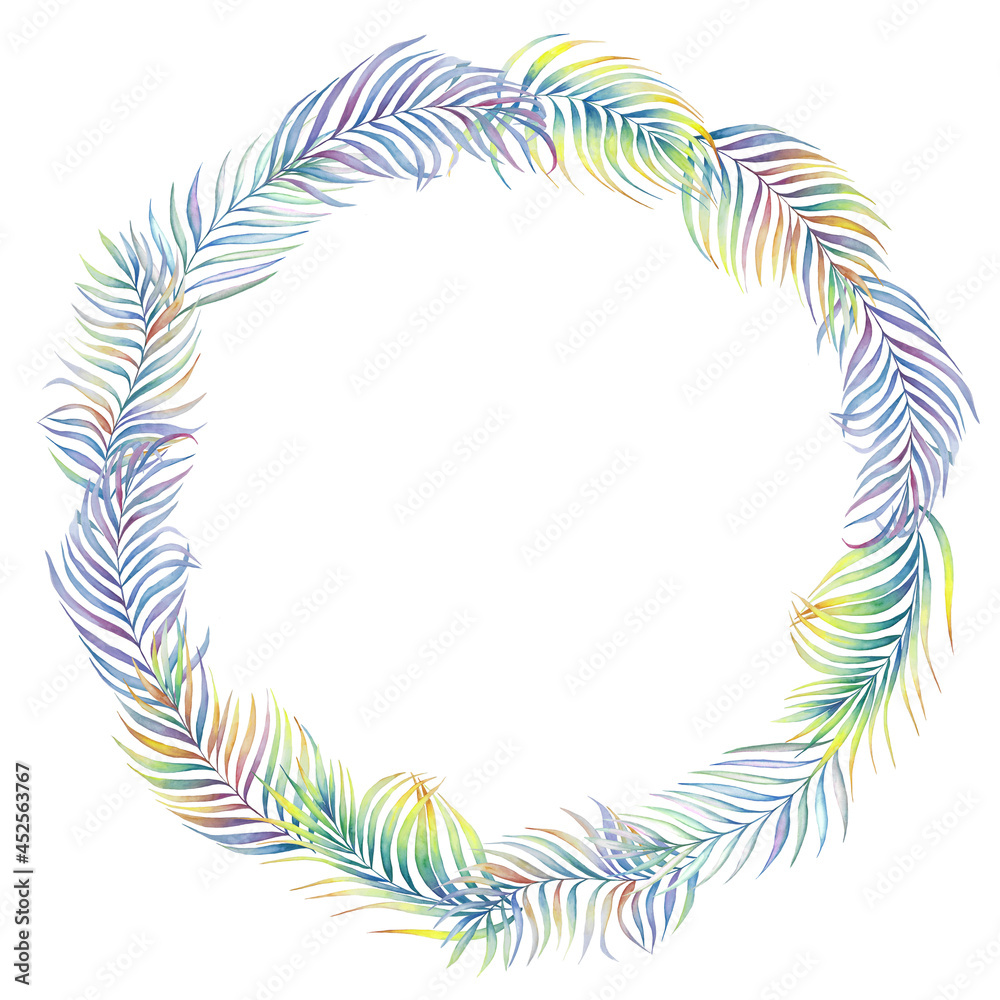 Obraz premium Colorful summer tropical exotic wreath. Palm leaves watercolor illustration. Botanical jungle frame
