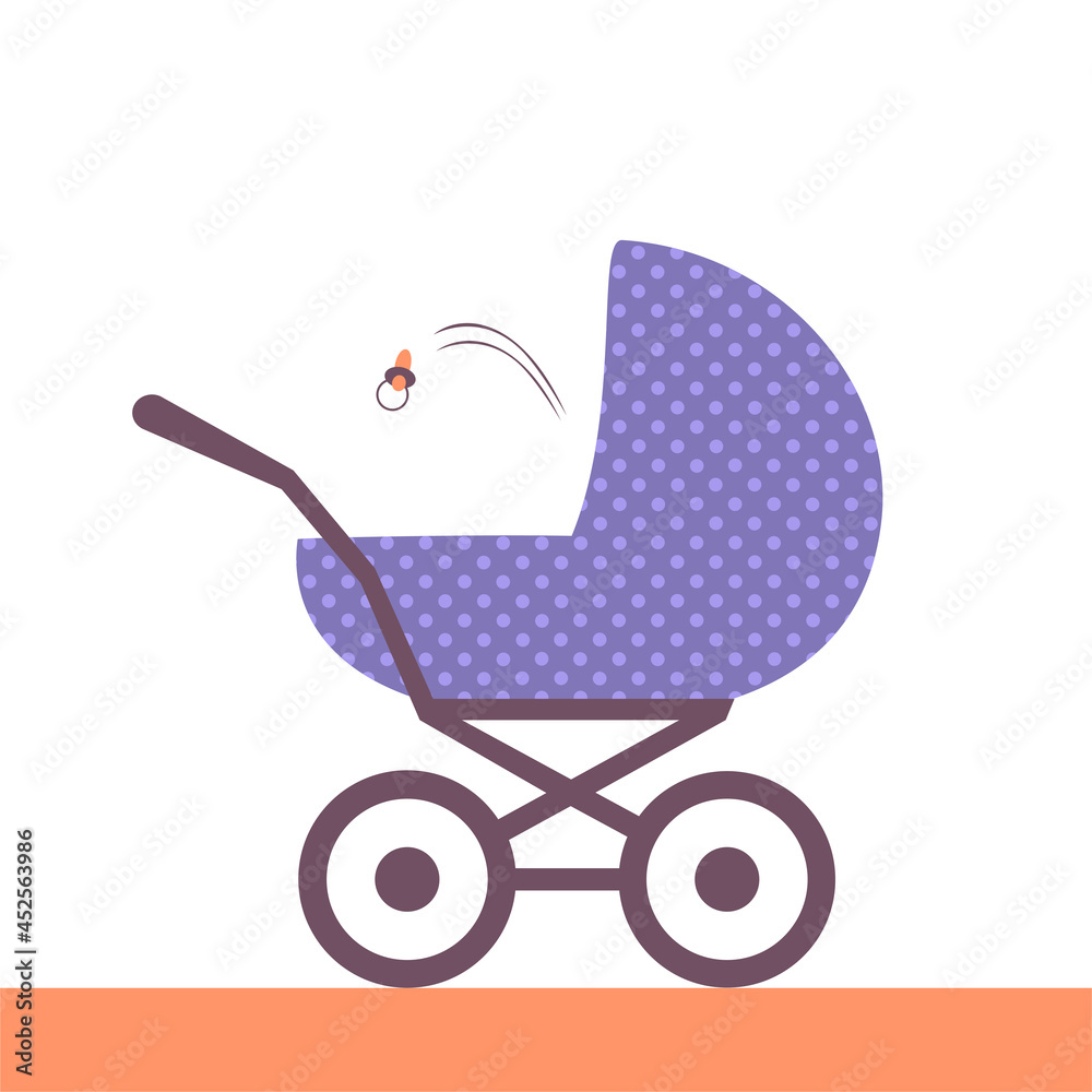 Cute baby carriage with a crying baby The toddler spat out a pacifier. Vector flat illustration Cute baby carriage with a crying baby The toddler spat out a pacifier. Vector flat illustration