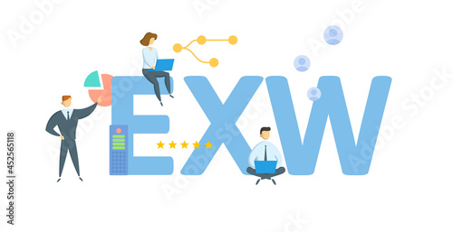 EXW, Ex Works. Concept with keyword, people and icons. Flat vector illustration. Isolated on white.