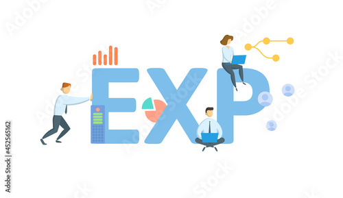 EXP, Export. Concept with keyword, people and icons. Flat vector illustration. Isolated on white.