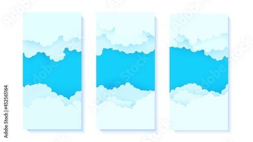 Set of flyers with blue sky and white clouds border in paper cut style. Collection of 3d papercut weather banners with top view cloudy sky. Vector card illustration of cloudscape pastel colors.