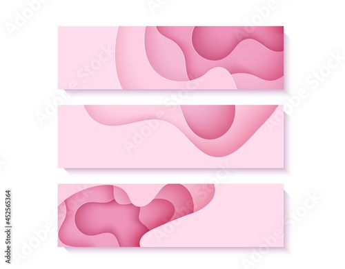 Set of paper cut flyers with waves and hole. Collection of pink 3d abstract web banners with smooth wavy layers. Women's Breast Cancer Concept poster template in rose color. Female vector illustration