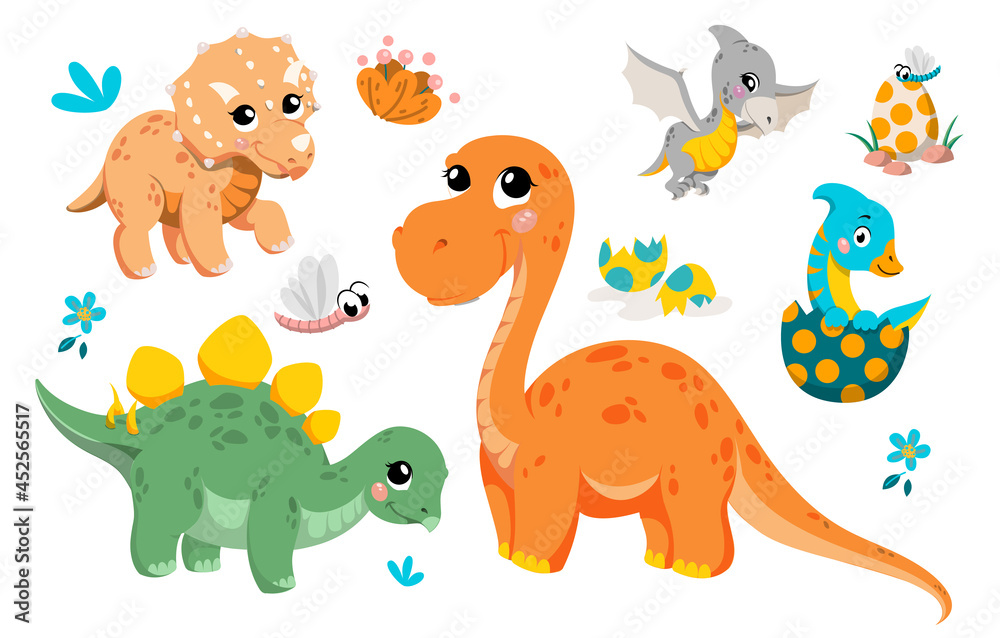 Fototapeta premium Set of cute dinosaurs. Pictures for printing on Tshirts. Posters and stickers for children. Old life forms, BC. Creation of Earth. Cartoon flat vector illustrations isolated on white background
