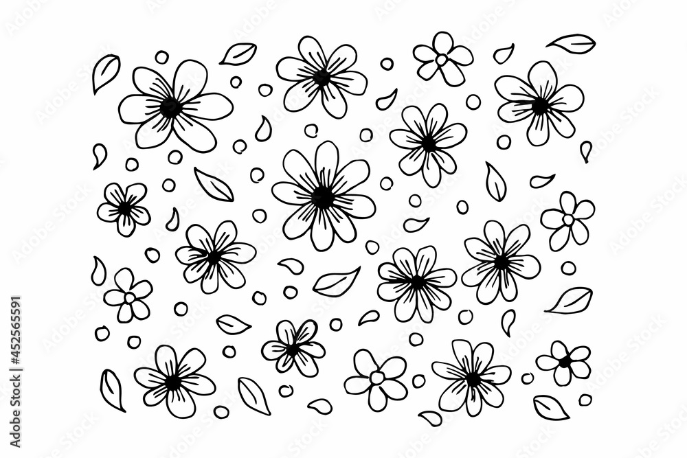 Black and white pattern flower arrangement in doodle or sketch style, vector graphics