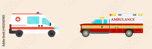 Ambulance car. Emergency medical service vehicle. Hospital car. Flat design. Ambulance icon. Stock vector illustration on isolated background.	

