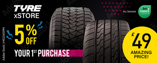 Tire car advertisement poster. Information. Store. Action. Landscape poster. Digital banner. Flyer. Booklet. Brochure. Web design. Hight quality vector. New design.