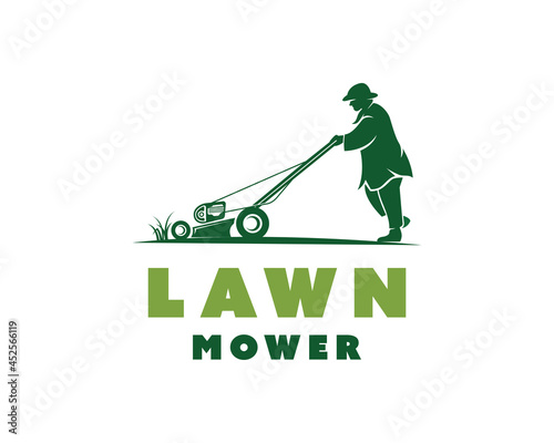 man pushing lawn mower logo. lawn mower landscaping logo design template