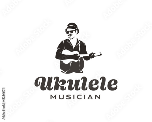 man with mustache and glasses playing small guitar logo. ukulele musician logo design template