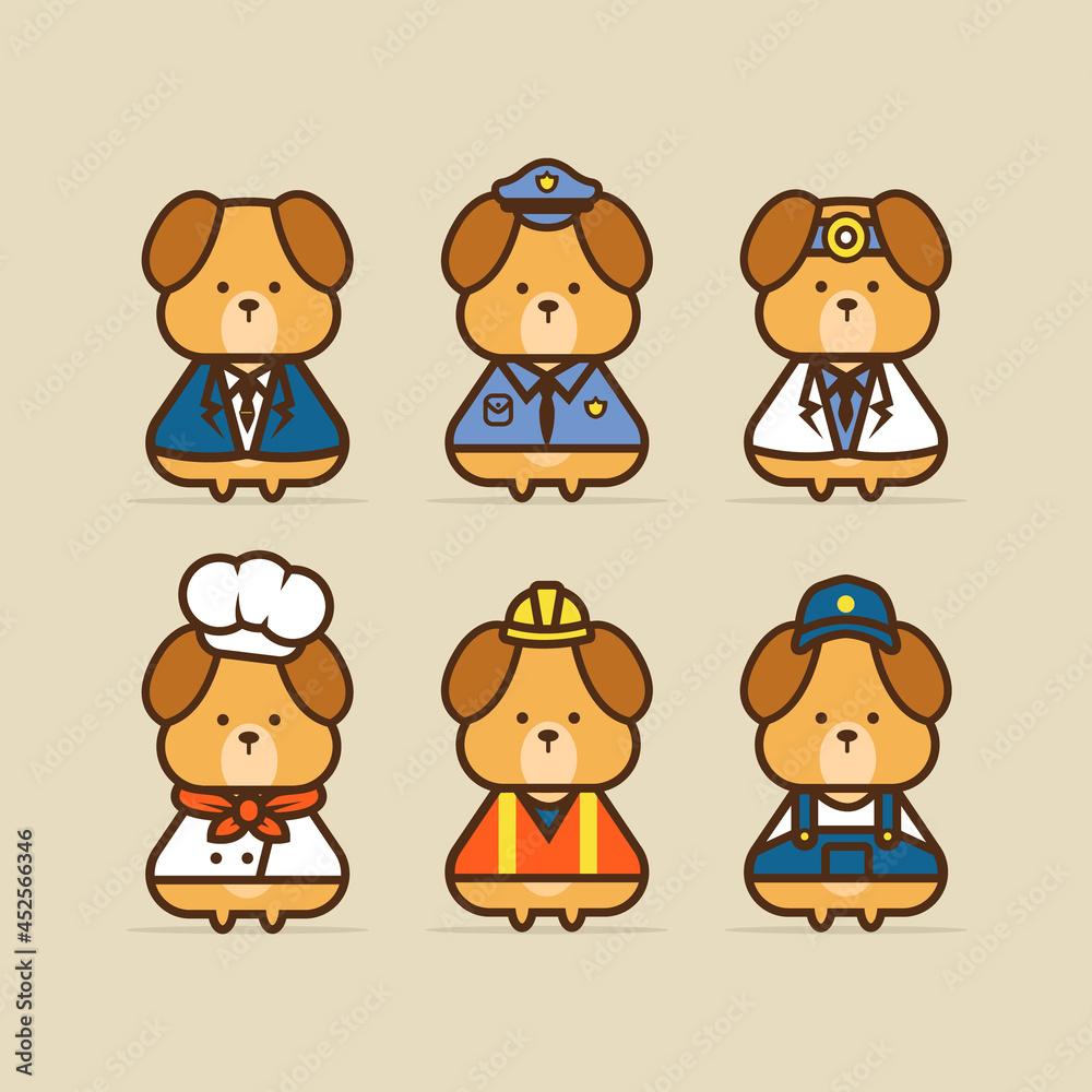 Cute dog character wearing uniforms of various professions Cute dog character wearing uniforms of various professions