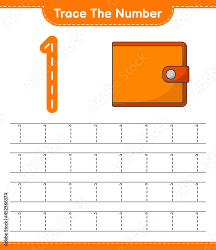 Trace the number. Tracing number with Wallet. Educational children game, printable worksheet, vector illustration