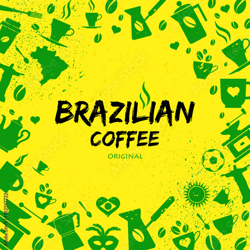 A set of green Brazilian icons and symbols against yellow background.