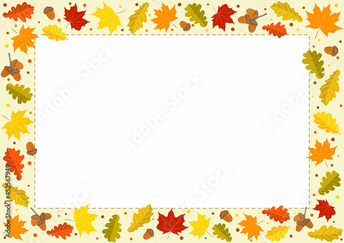 Autumn rectangle frame made from hand-drawn foliage. Yellow and orange leaves of maple and oak, oak acorns. Template or blank for fall decor. Vector illustration.