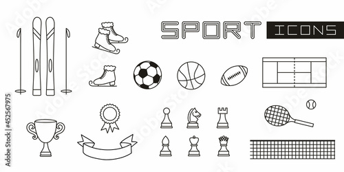 A set of linear isolated elements for Sport. Equipment for various sports: skiing, ball games, chess, tennis and others. Vector illustration for banners, posters, training and competition projects.