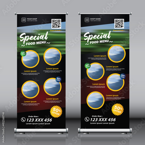 Roll up banner design template for restaurants hotels showrooms and shops with 5 food menu items. Editable premium quality business vertical standee banner for advertisement sales offers and discounts