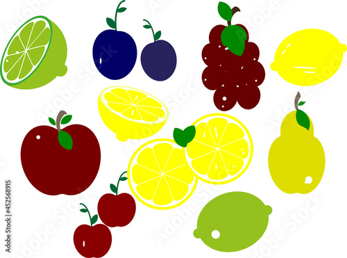 Fruits. Summer set of fruit from plums,lemons, grapes,apples, pears,and cherries. Isolated white background with fruit and green leaf.
