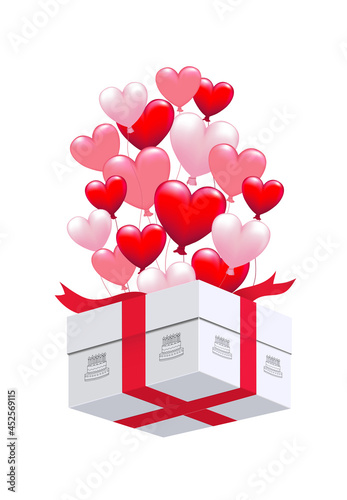 Herz Luftballons mit Geschenk Lieferung,
Vektor Illustration isoliert auf weißem Hintergrund

