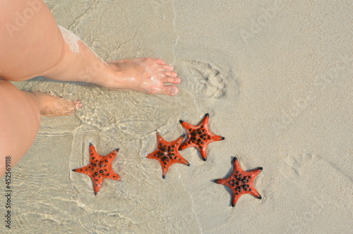 Photo of foot on shore of starfish beach with real orange starfishes in Rach Vem beach, Phu Quoc, Vietnam photo