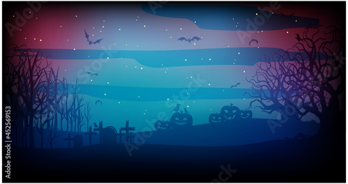 Halloween banner with pumpkins, trees and graveyard, bats against a blue night starry sky with fog. Festive vector illustration.