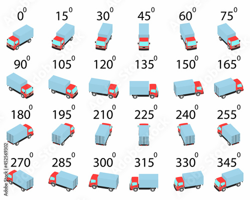A set of 24 trucks from different angles. Rotation of the lorry by 15 degrees for animation and video games.  