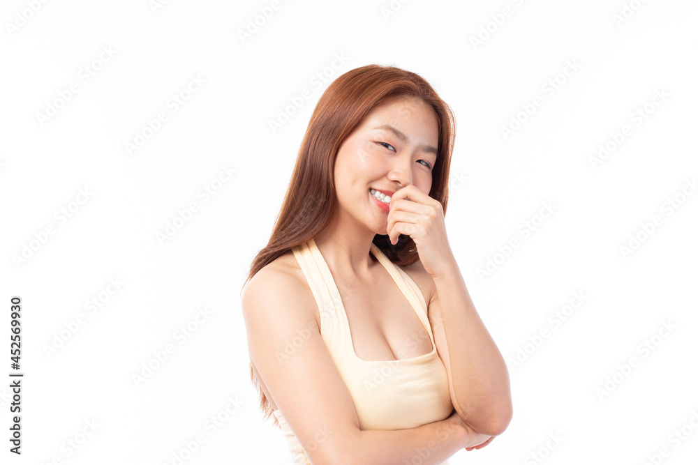 Portrait of beautiful young Asian girl model long hair in casual summer clothes smile, happy and enjoying in studio isolated on white background. Portrait of beautiful young Asian girl model long hair in casual summer clothes smile, happy and enjoying in studio isolated on white background.
