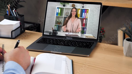 Man at home office study online video call webcam chat laptop listen teacher, writes in notebook. Woman tutor in computer screen talk teaches student remote webinar course lesson, distance education