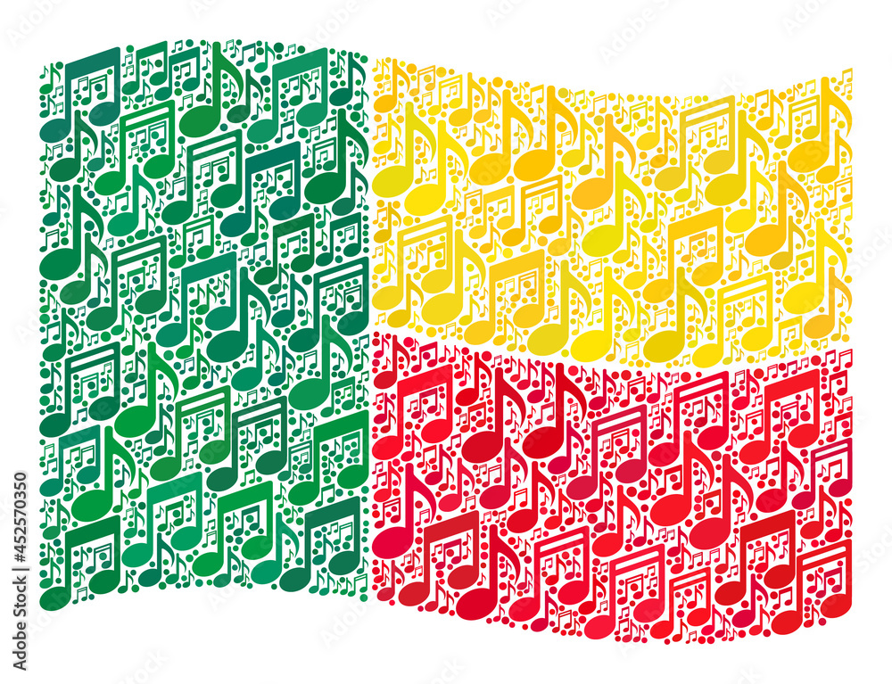 Mosaic waving Benin flag constructed of melody icons. Vector music mosaic waving Benin flag constructed for concert news. Benin flag collage is organized of random melody items.