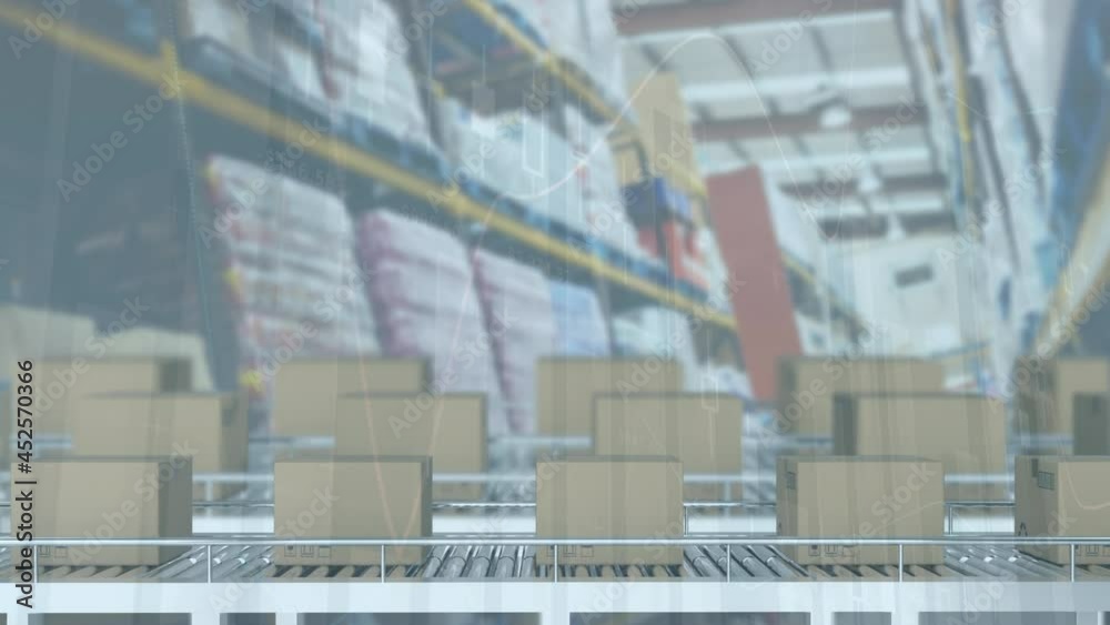 Animation of data processing over boxes on conveyor belts in warehouse Animation of data processing over boxes on conveyor belts in warehouse