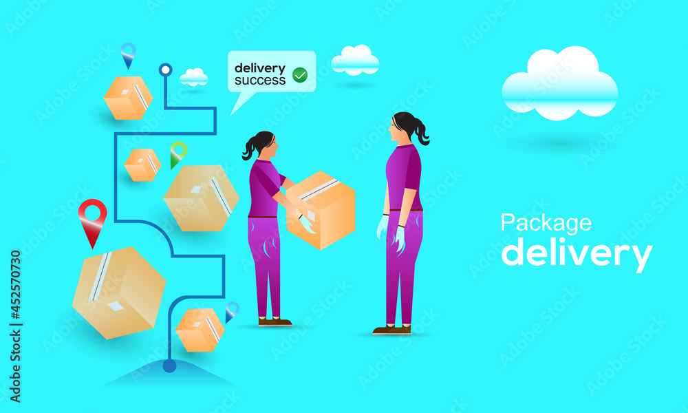 Delivery package on smartphone. Delivery women ready to send a delivery box. Lighting of E-commerce success Delivery package on smartphone. Delivery women ready to send a delivery box. Lighting of E-commerce success